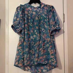 JODIFL Teal Floral Puff-Sleeve Blouse with Pink Accents